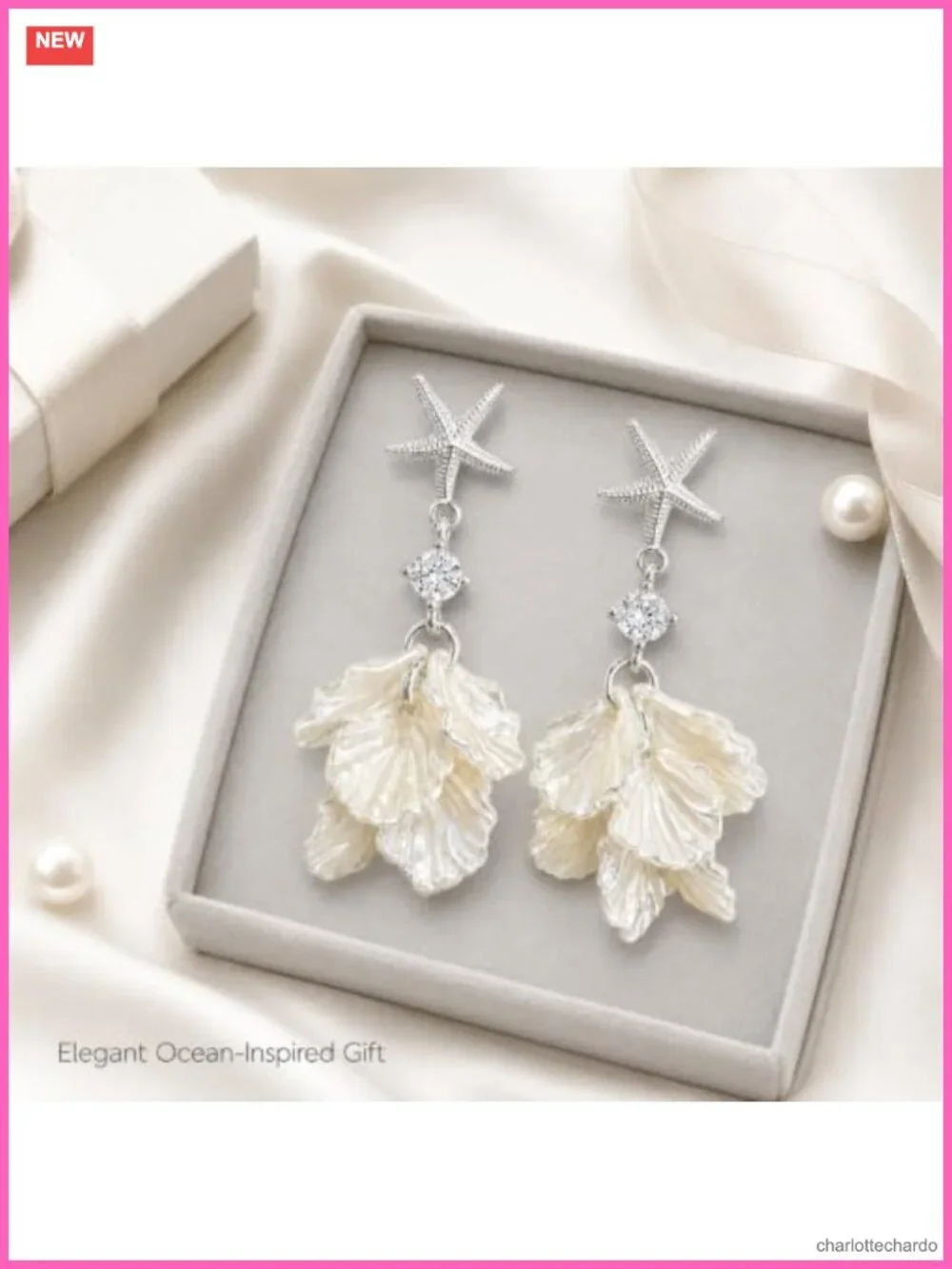 Starfish Shell Drop Earrings Pearl Dangle Silver Tone Ocean Statement